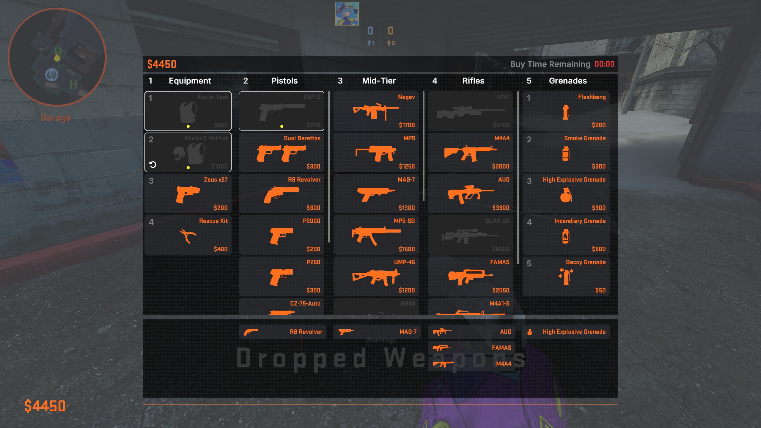 The buy menu listing teammates' dropped weapons beneath the regular loadout