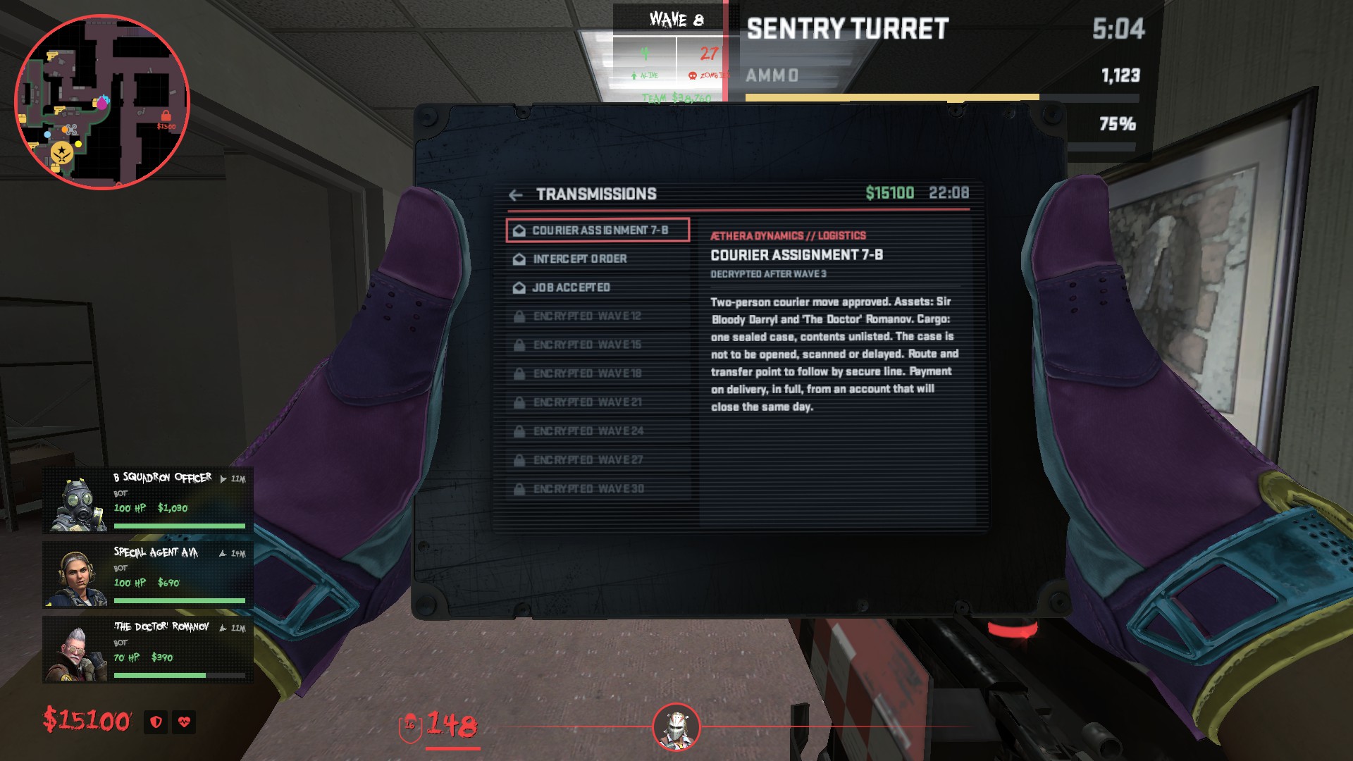 The Transmissions screen on the tablet, showing a decrypted message